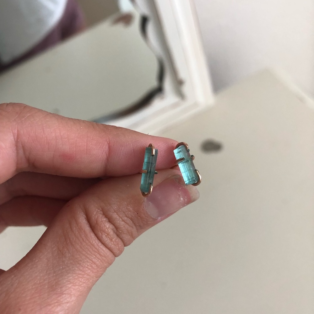 Aqua Aura studs. Gold filled.